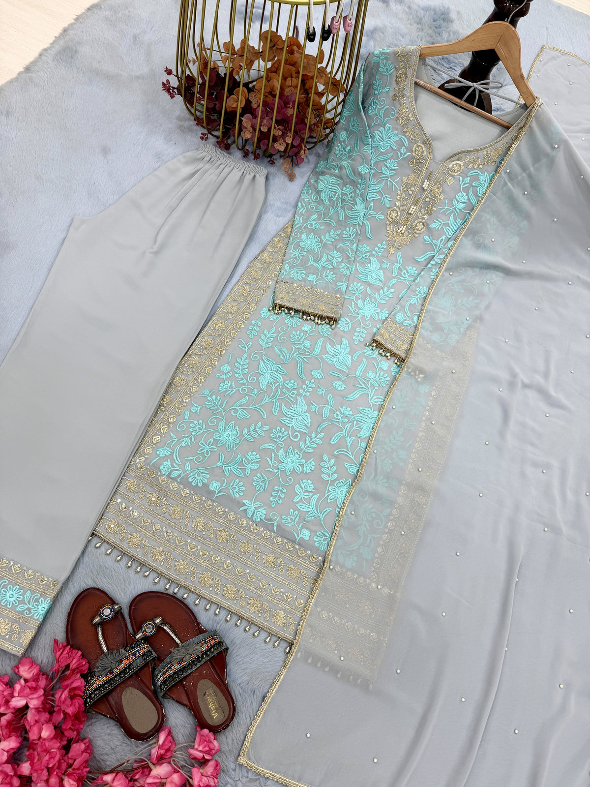 Aqua Blue Georgette Kurta Palazzo Set, view 6