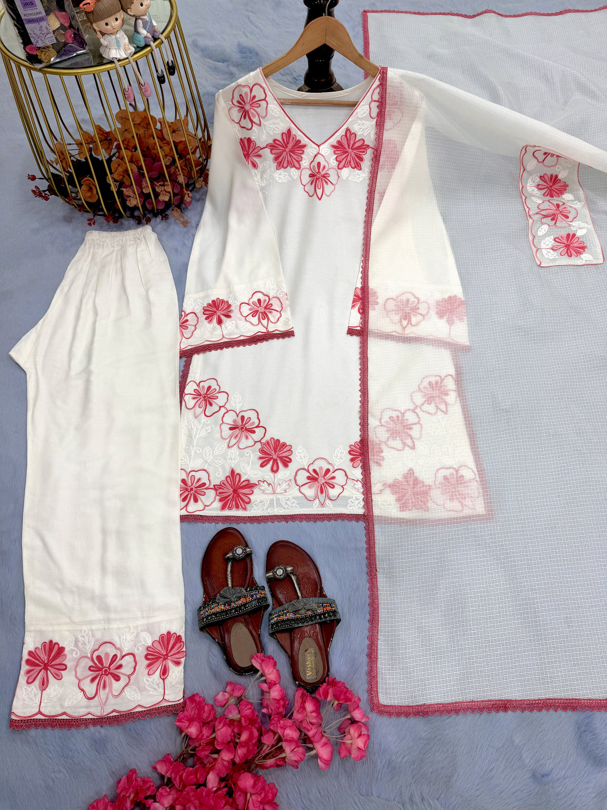 Off-White and Pink Satin Kurta Farshi Set, view 4