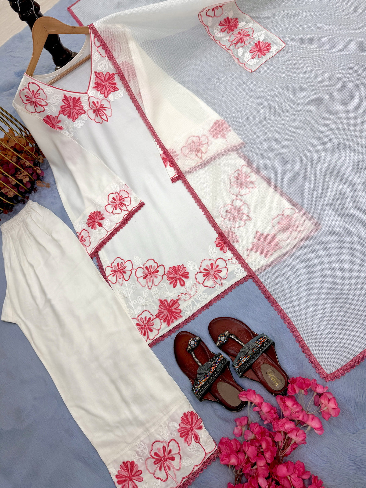 Off-White and Pink Satin Kurta Farshi Set, view 5