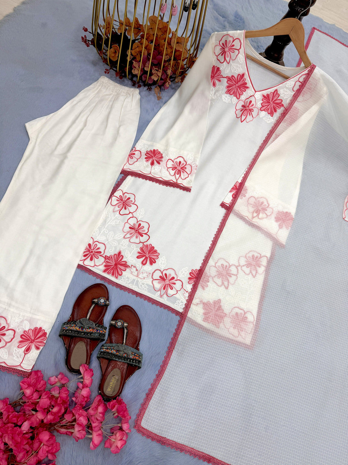 Off-White and Pink Satin Kurta Farshi Set, view 6