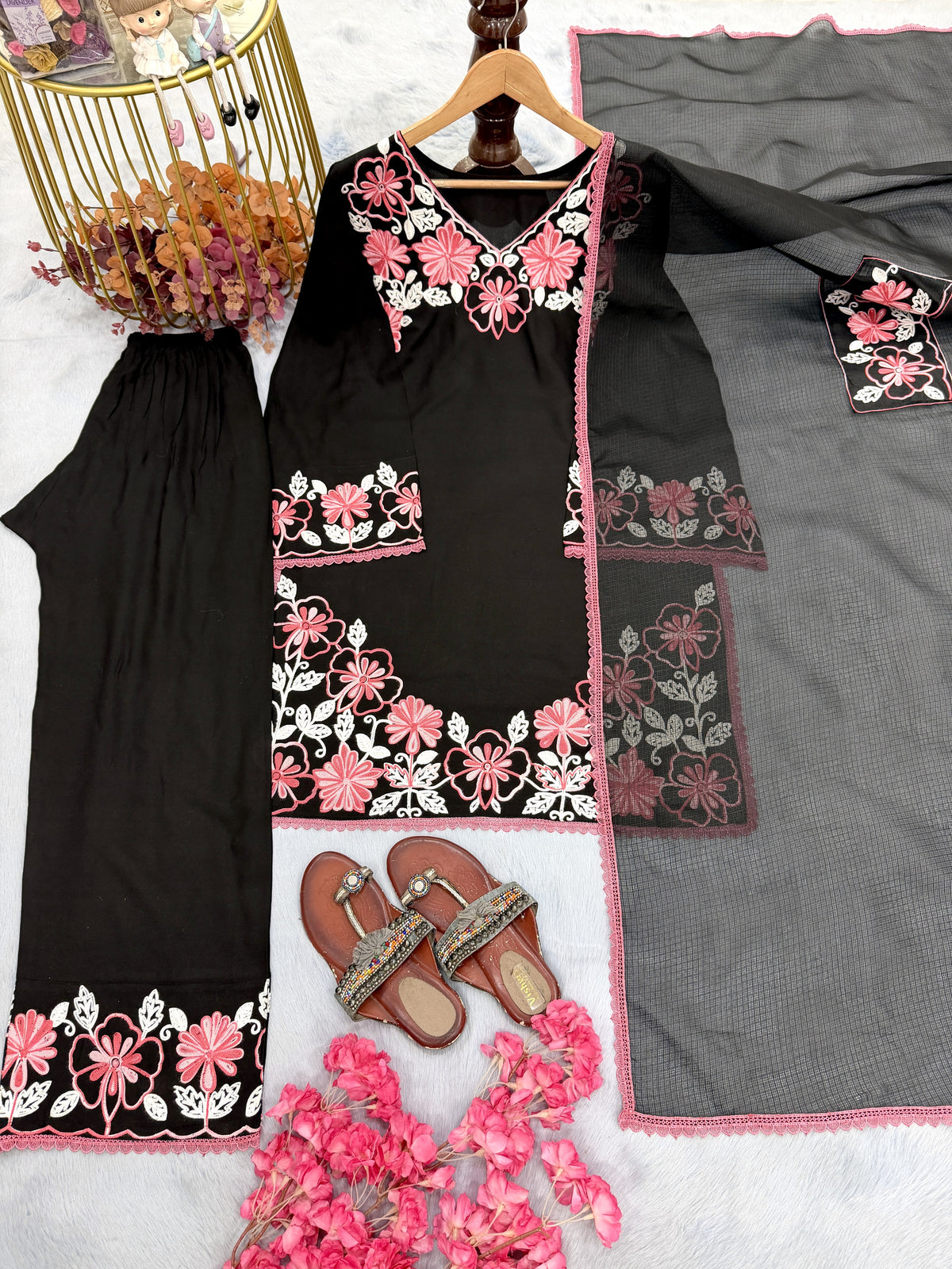 Black and Pink Satin Kurta Farshi Set, view 4
