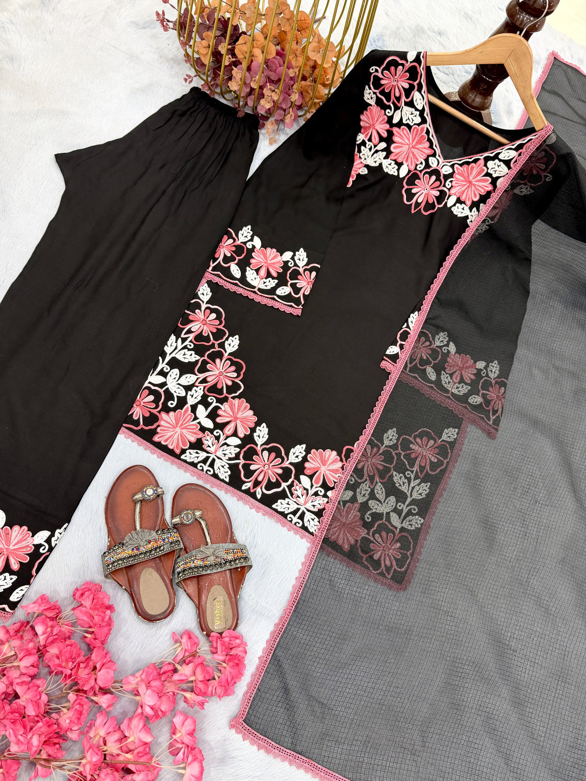 Black and Pink Satin Kurta Farshi Set, view 6