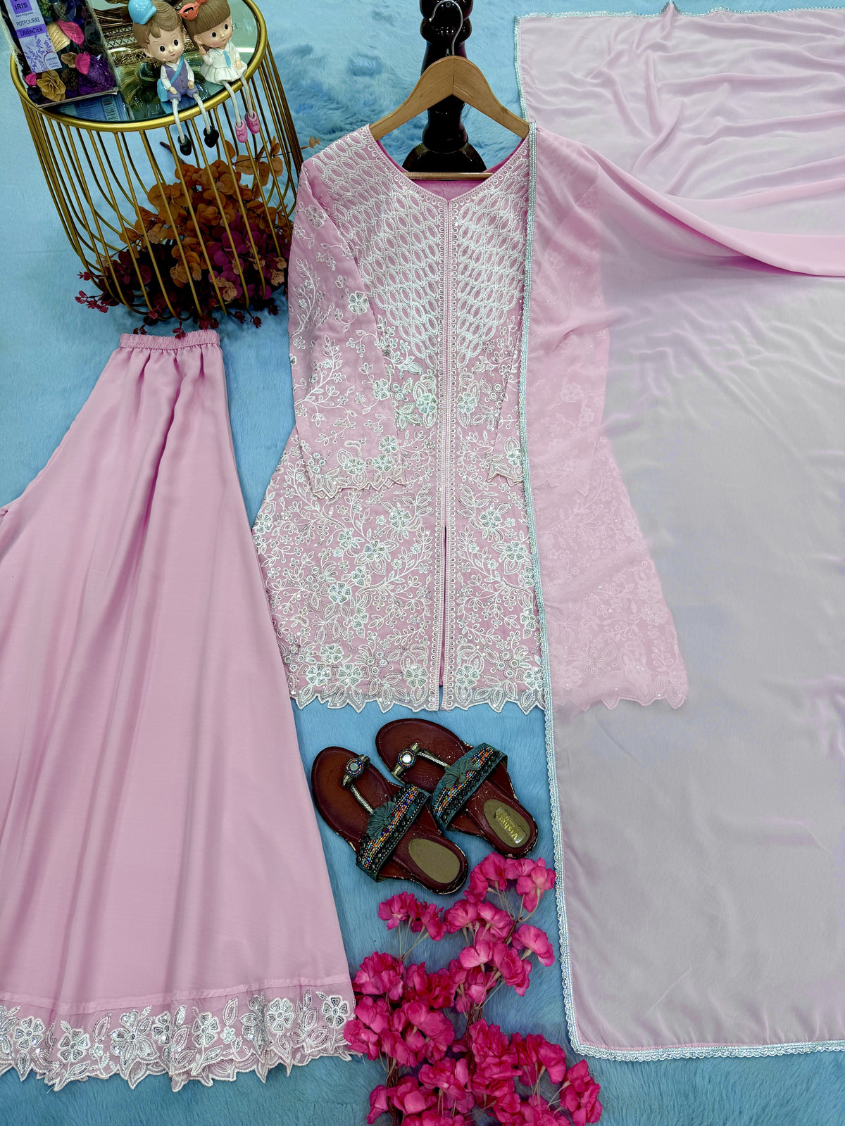 Baby Pink Georgette Short Kurta Palazzo Set, view 5