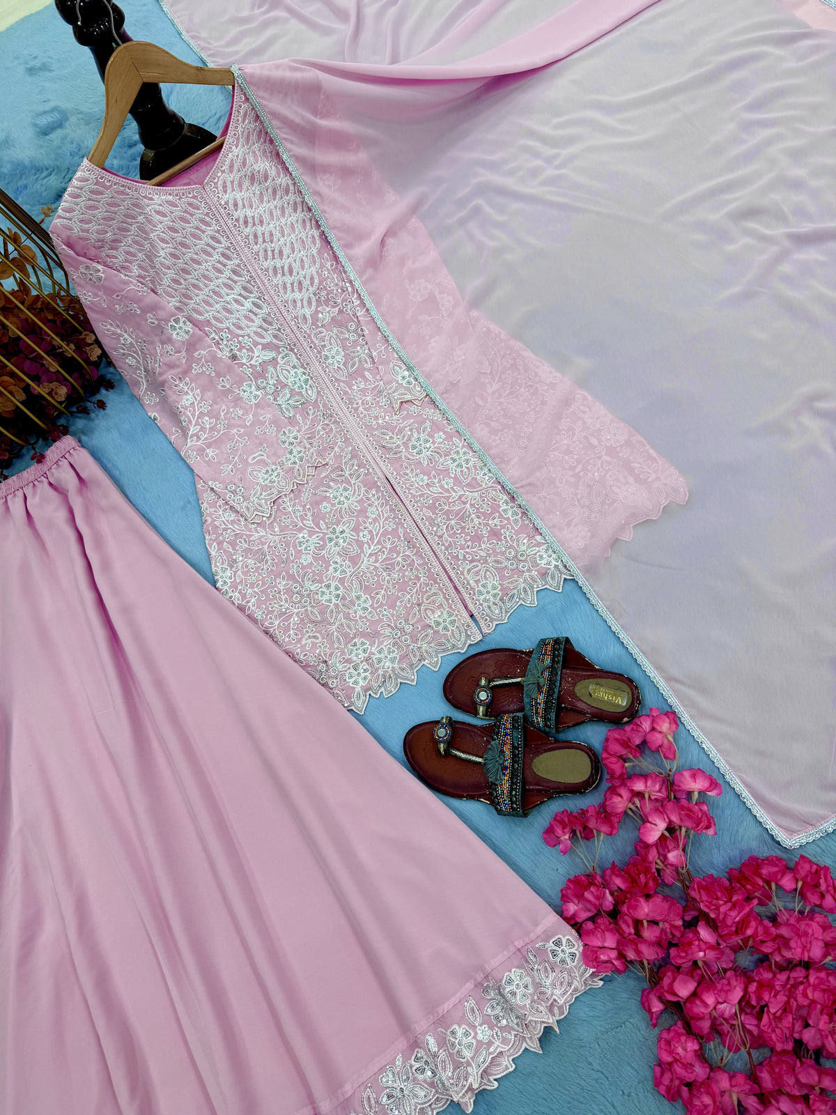 Baby Pink Georgette Short Kurta Palazzo Set, view 6