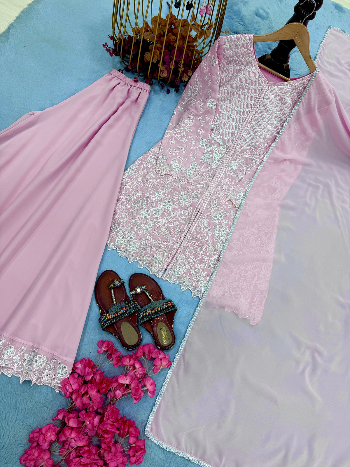Baby Pink Georgette Short Kurta Palazzo Set, view 7