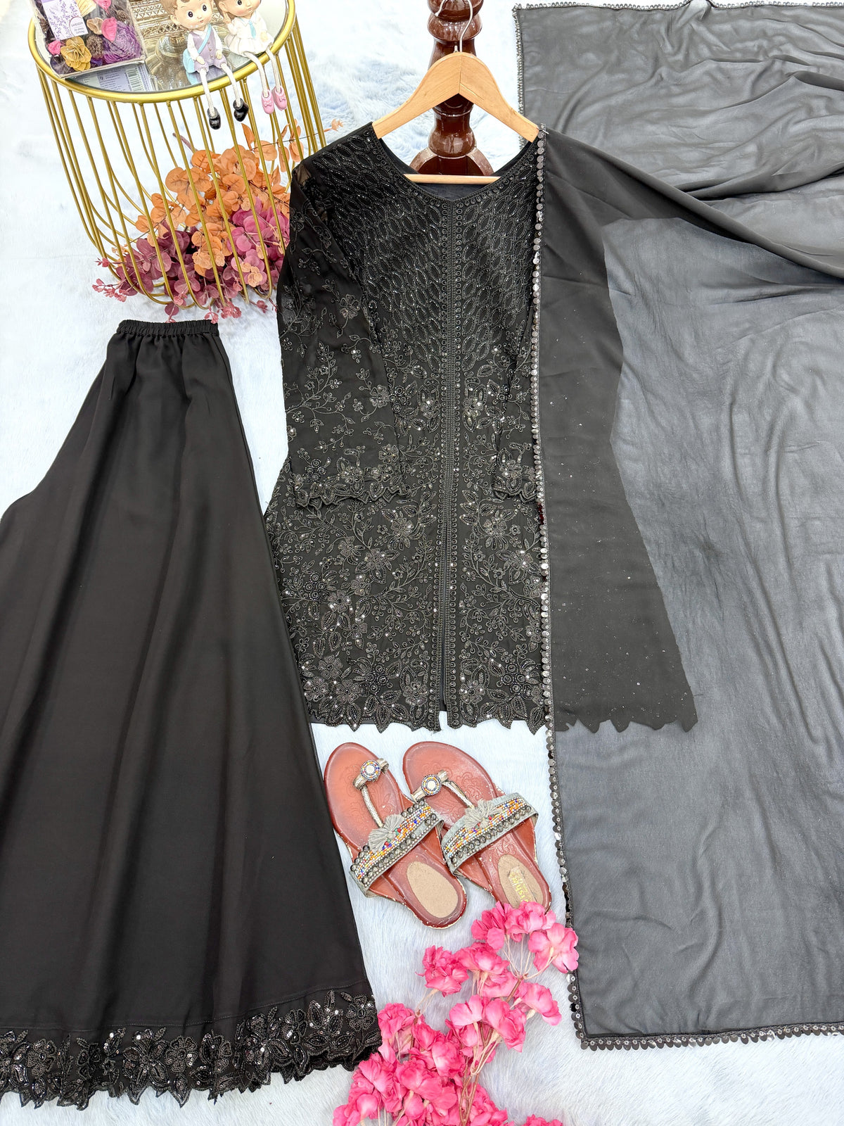 Black Georgette Short Kurta Palazzo Set, view 4