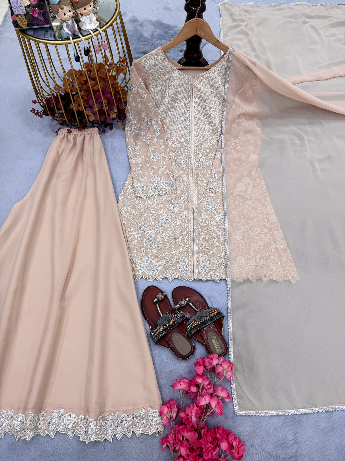 Peach Georgette Short Kurta Palazzo Set, view 3