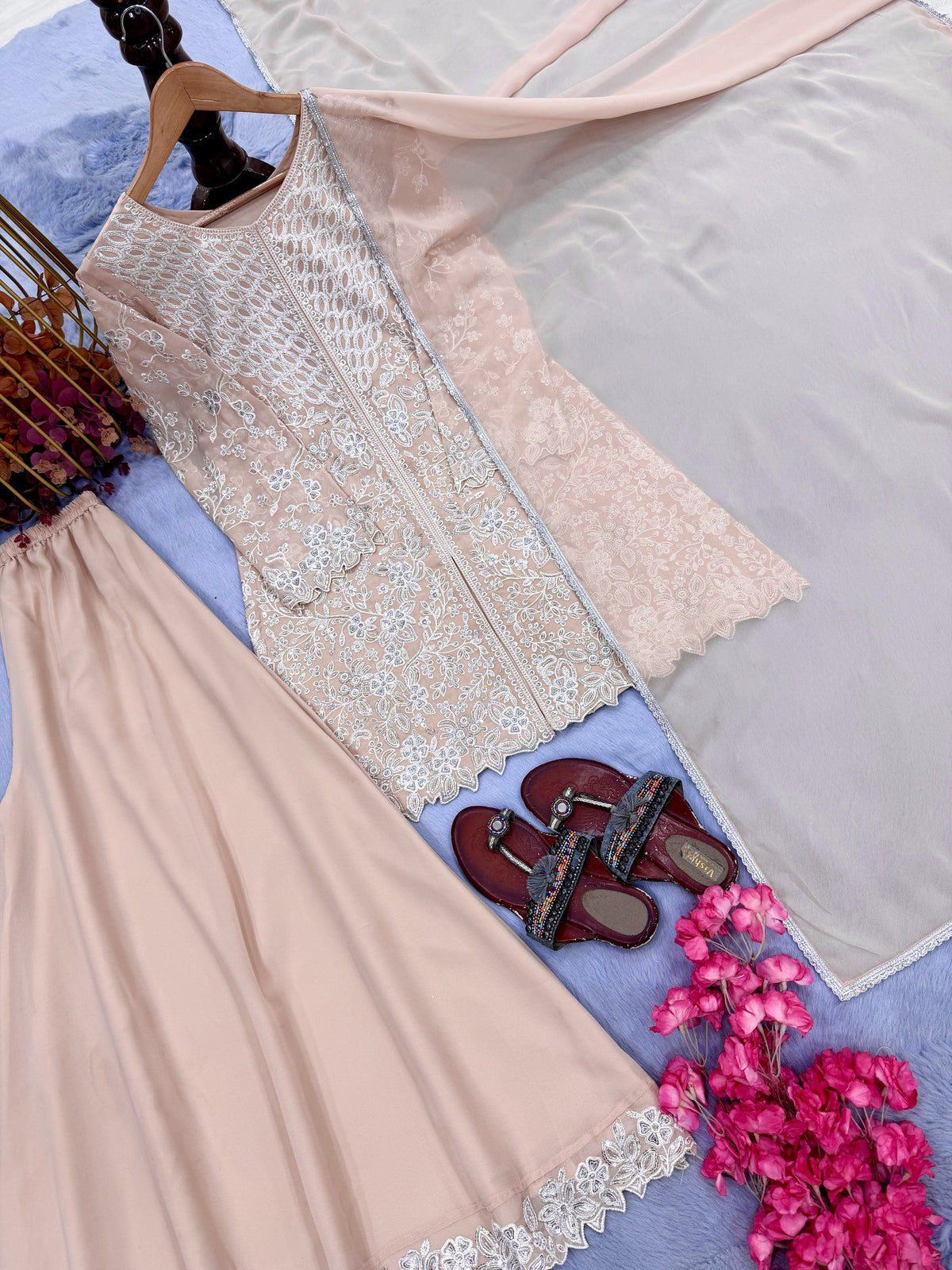Peach Georgette Short Kurta Palazzo Set, view 4