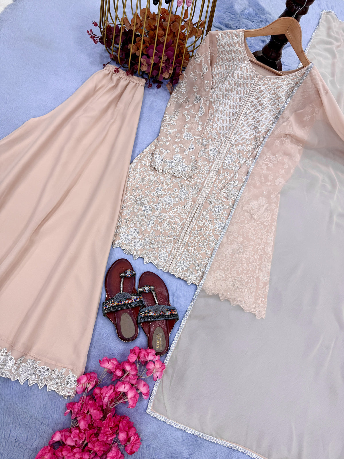 Peach Georgette Short Kurta Palazzo Set, view 5