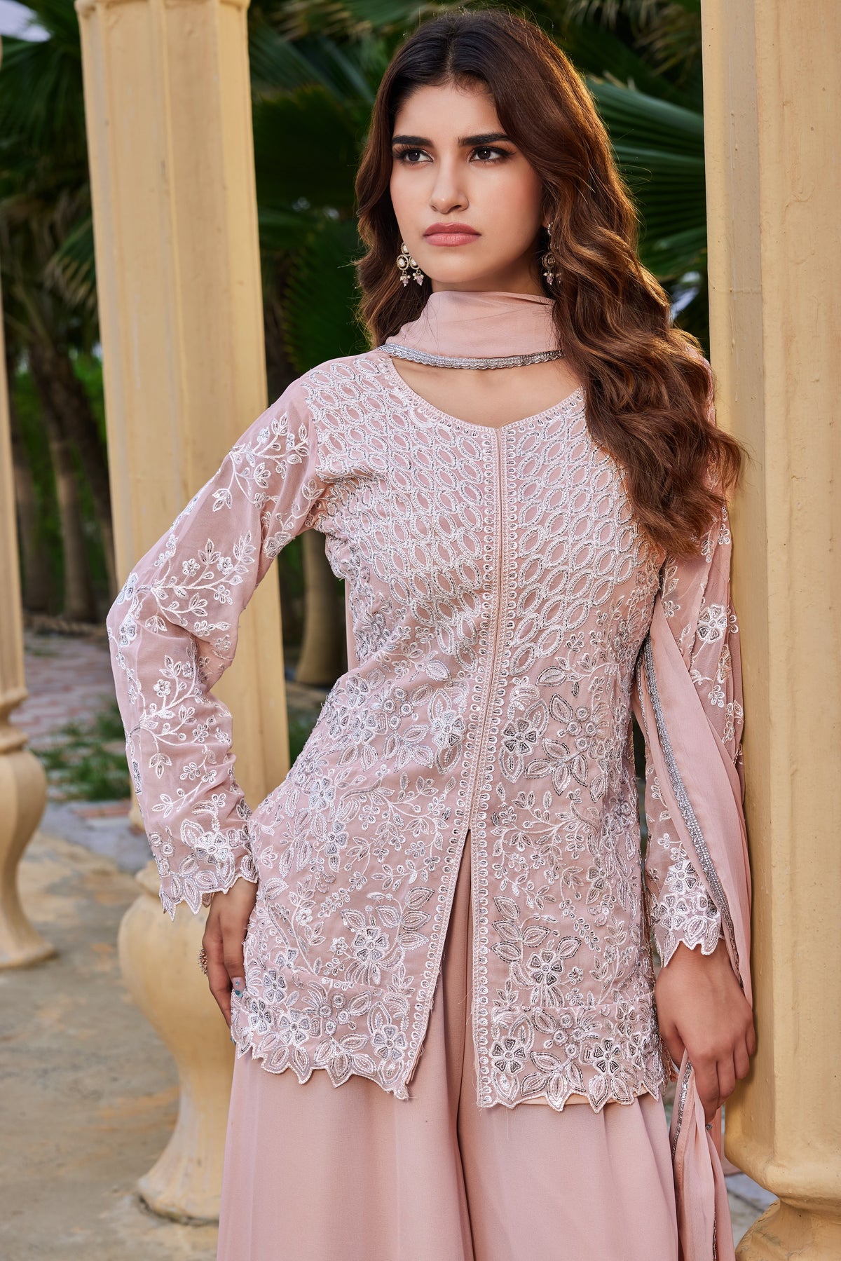 Baby Pink Georgette Short Kurta Palazzo Set, view 3