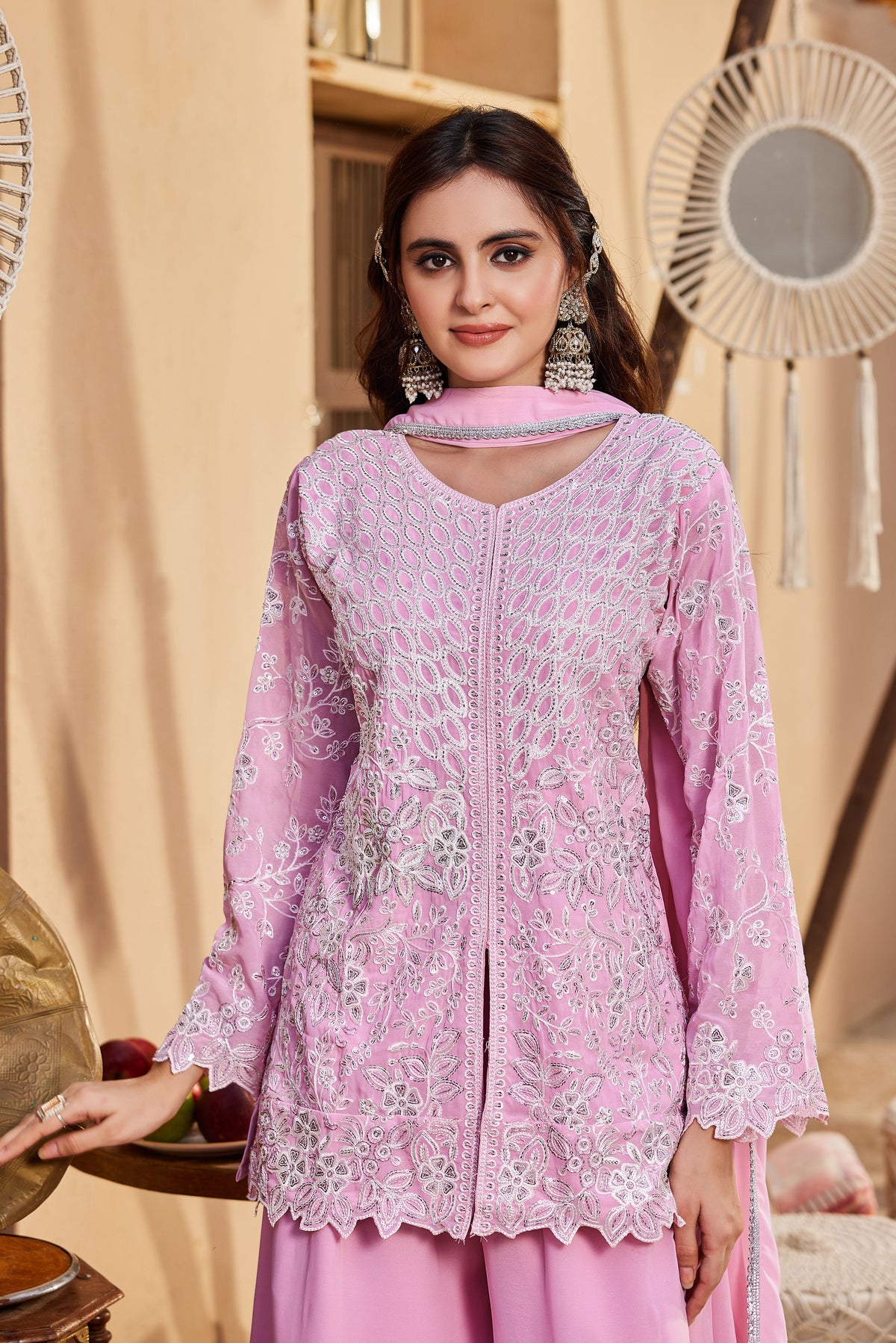 Baby Pink Georgette Short Kurta Palazzo Set, view 4