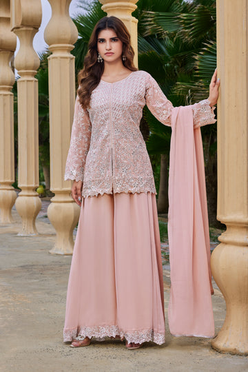 Peach Georgette Short Kurta Palazzo Set