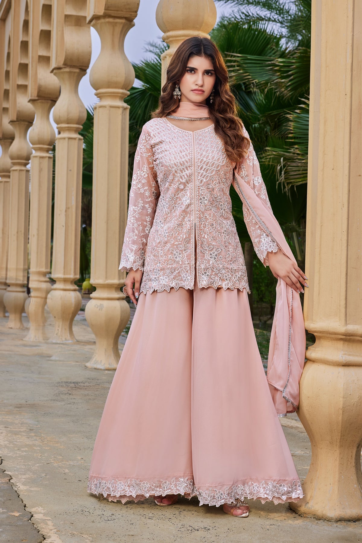 Peach Georgette Short Kurta Palazzo Set, view 2