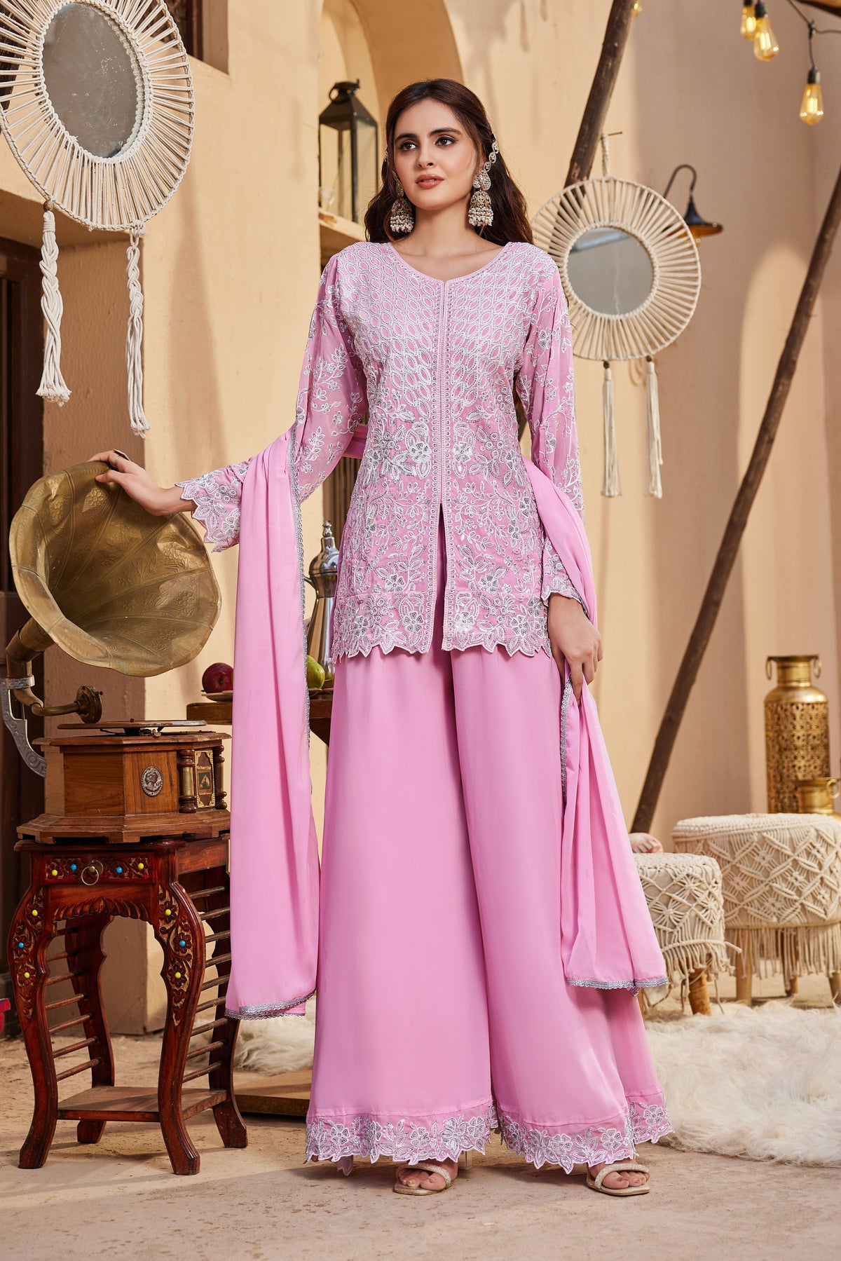 Baby Pink Georgette Short Kurta Palazzo Set
