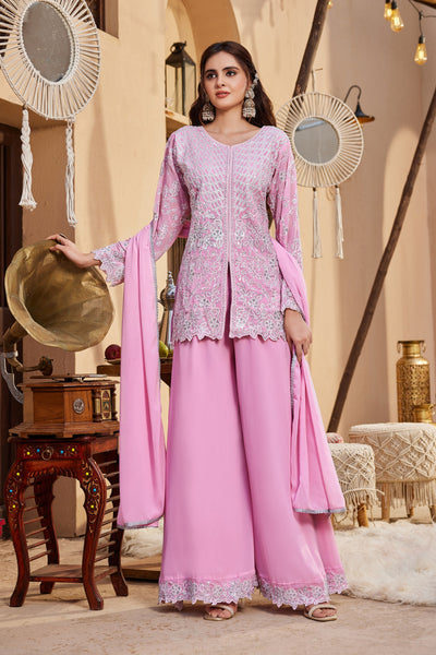 Baby Pink Georgette Short Kurta Palazzo Set