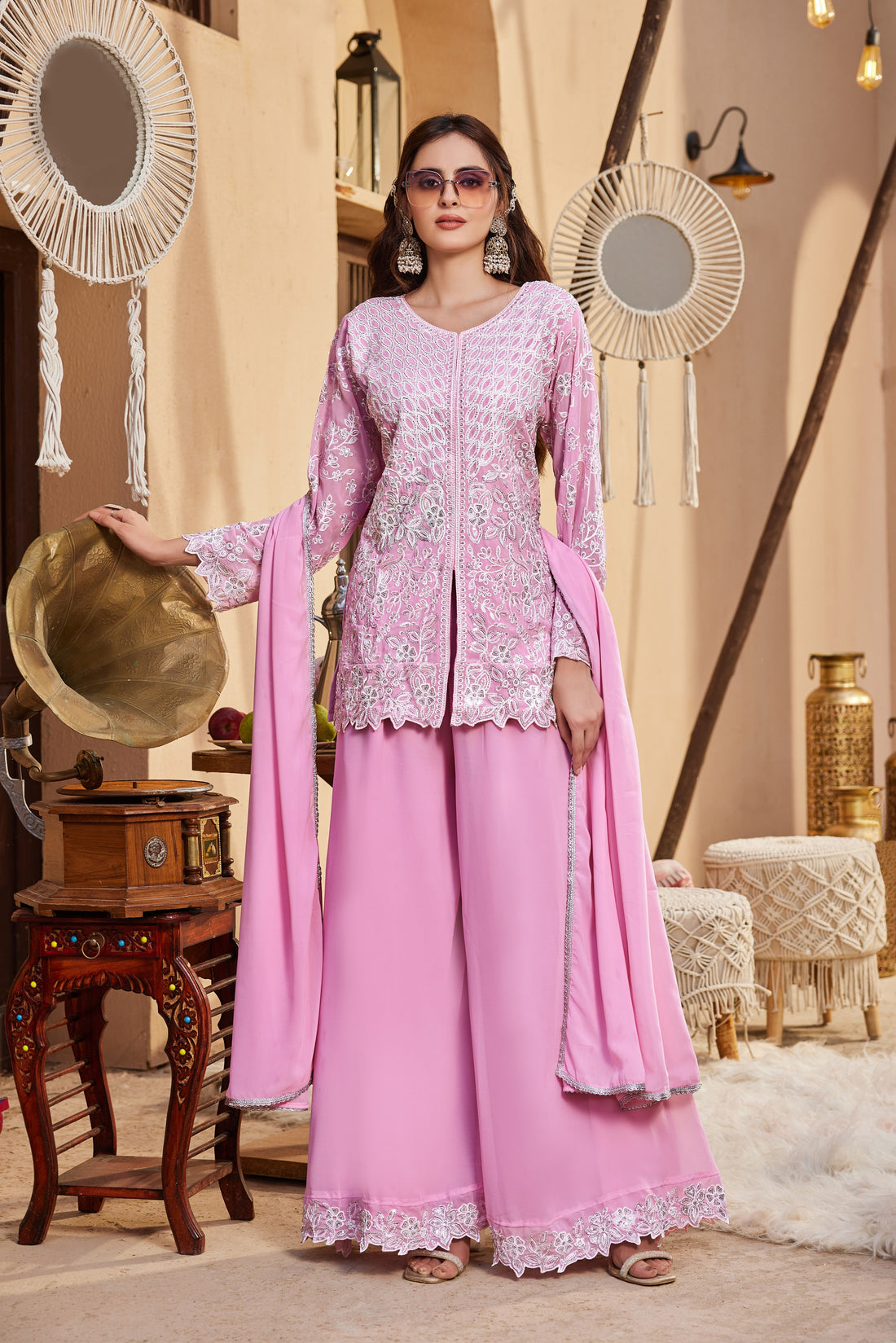 Baby Pink Georgette Short Kurta Palazzo Set
