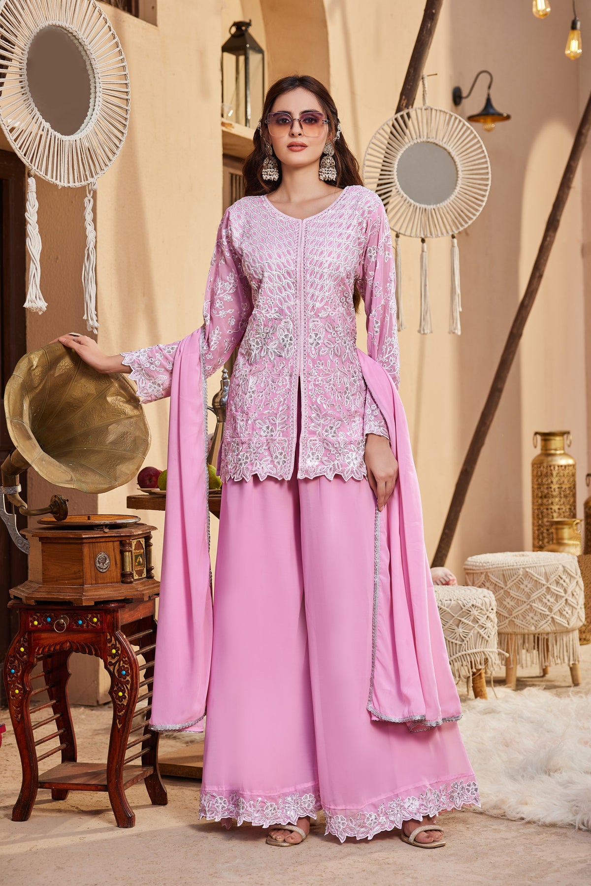 Baby Pink Georgette Short Kurta Palazzo Set, view 2