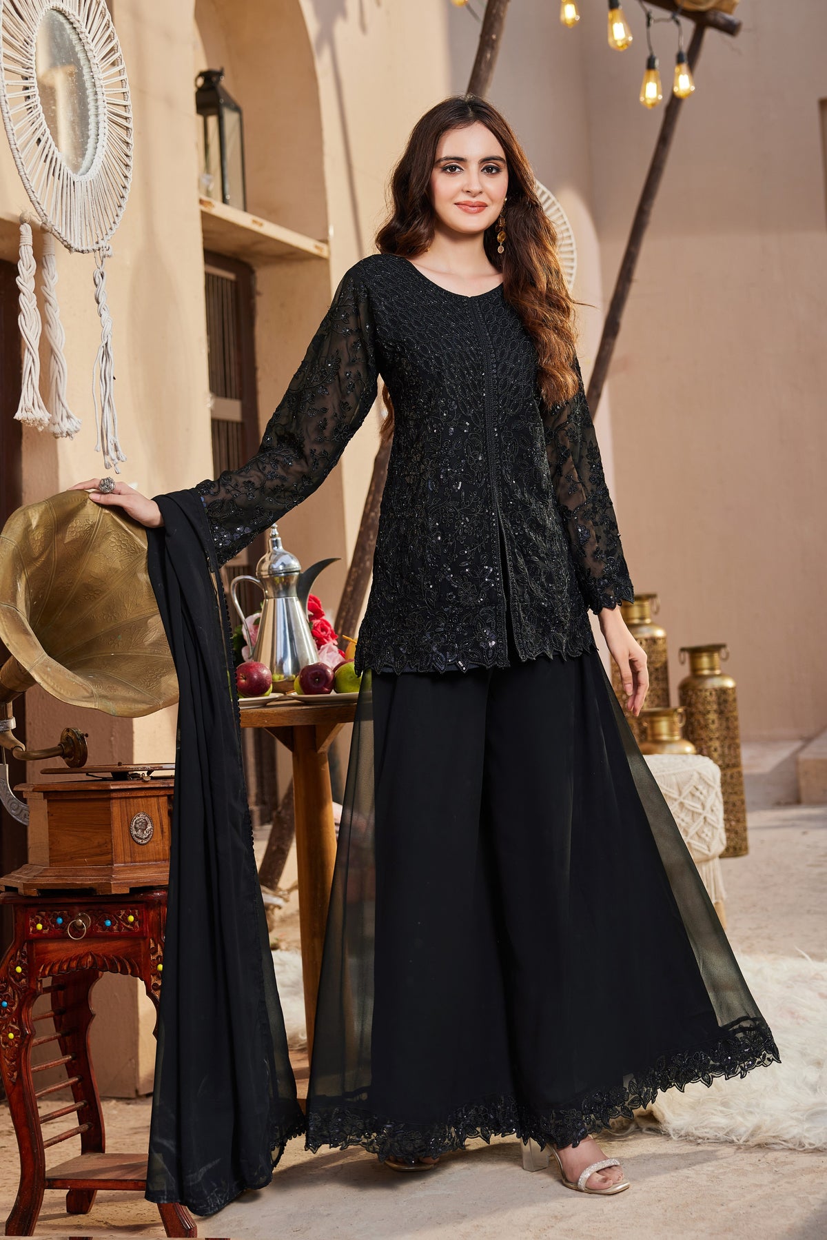 Black Georgette Short Kurta Palazzo Set, view 2