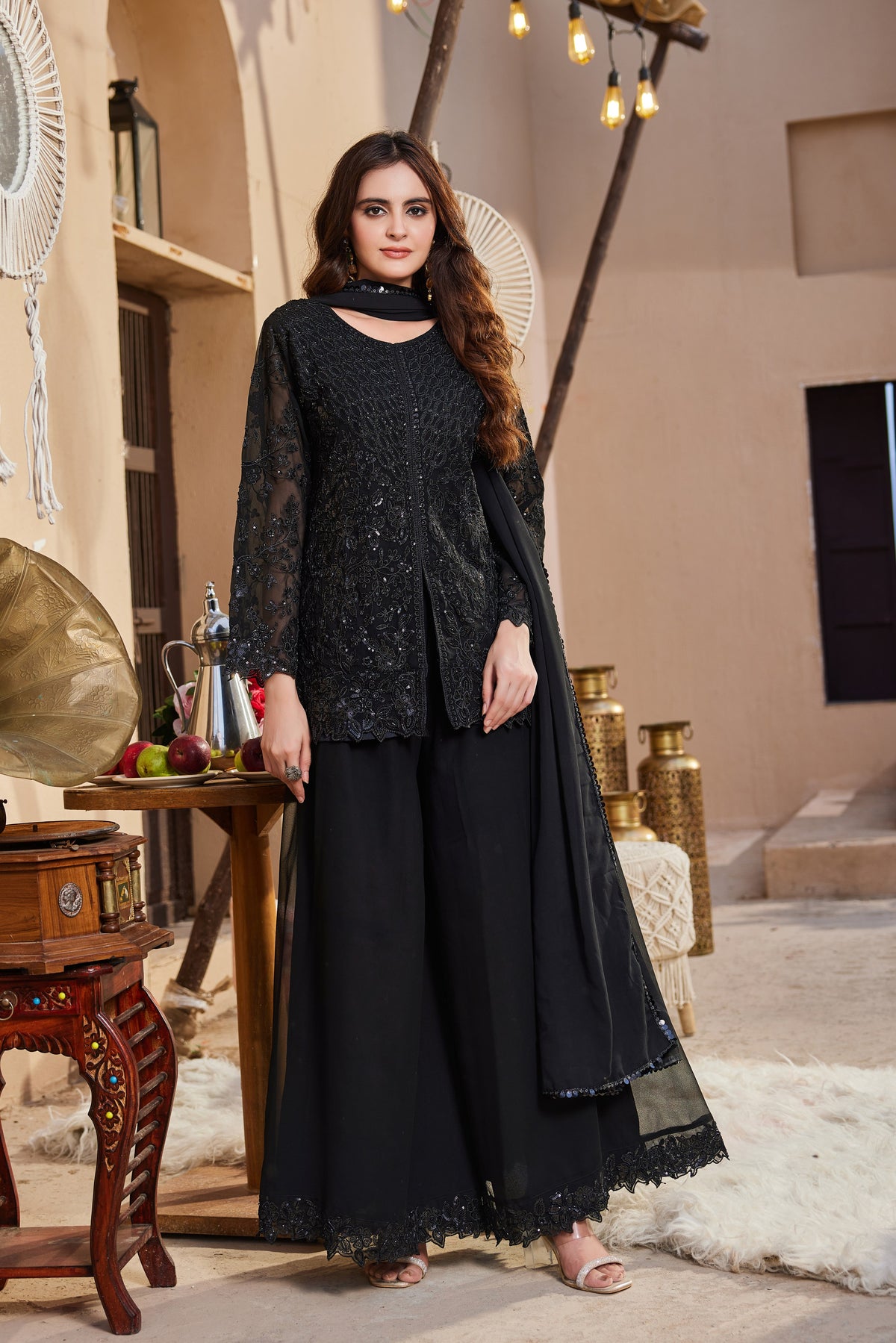 Black Georgette Short Kurta Palazzo Set, view 3