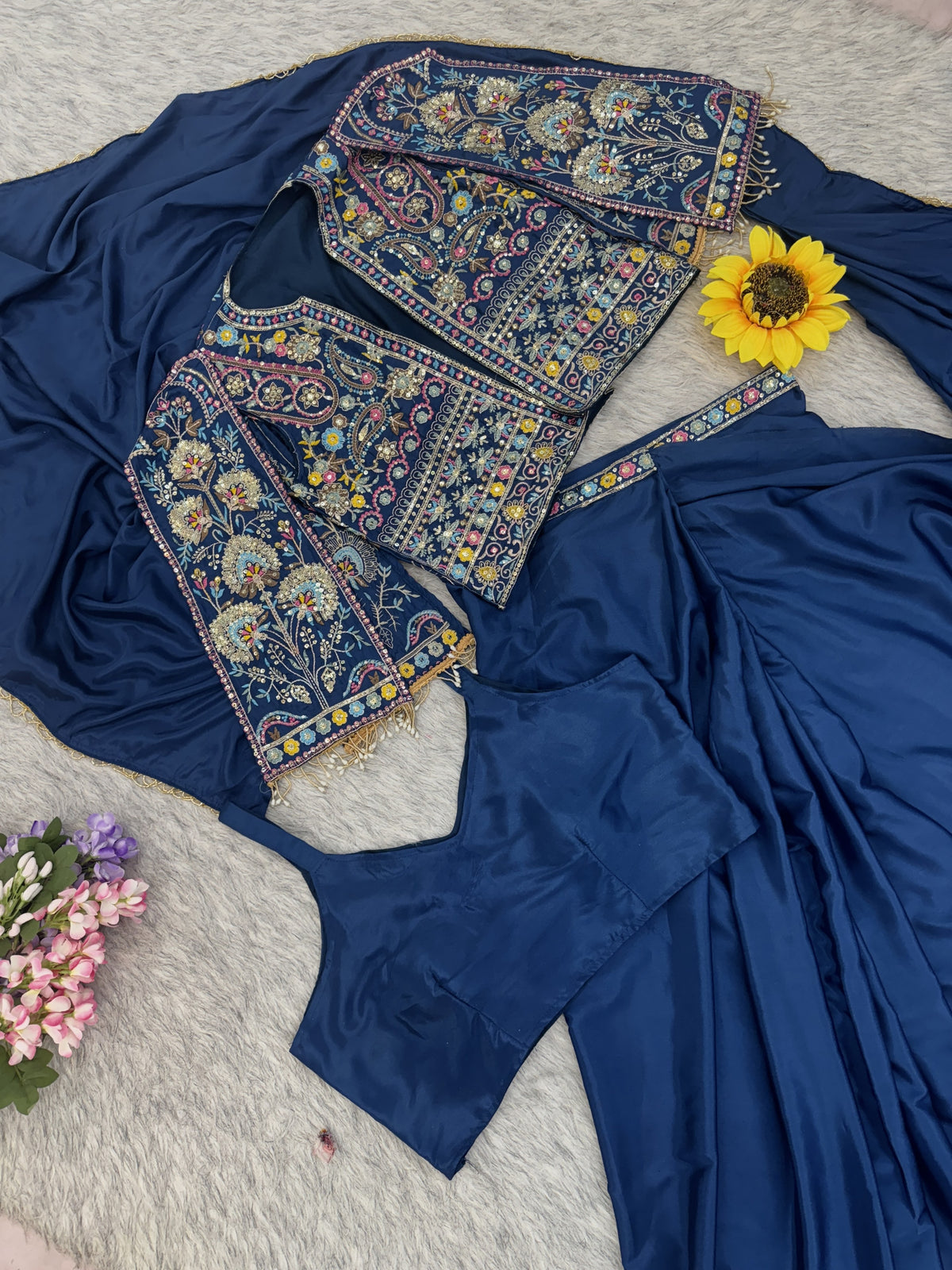 Navy Blue Crepe Saree with Koti, view 5
