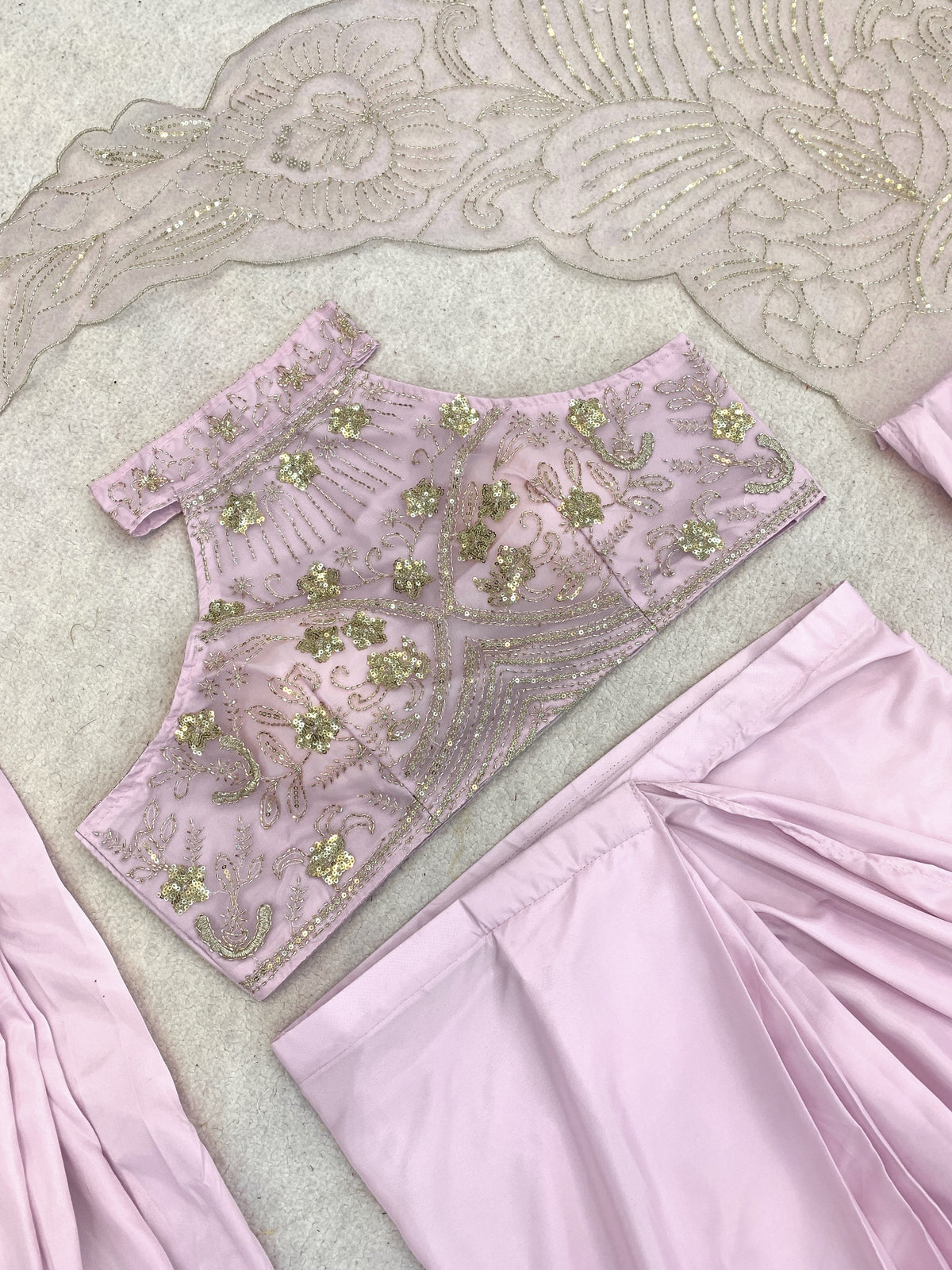 Pastel Pink Crepe Saree with Net Halter Blouse, view 5