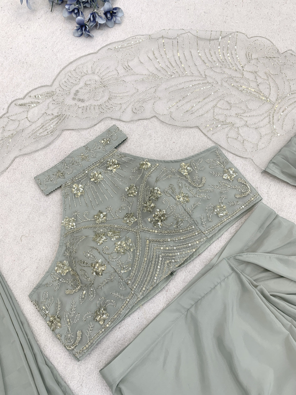 Sage Grey Crepe Saree with Net Halter Blouse, view 7