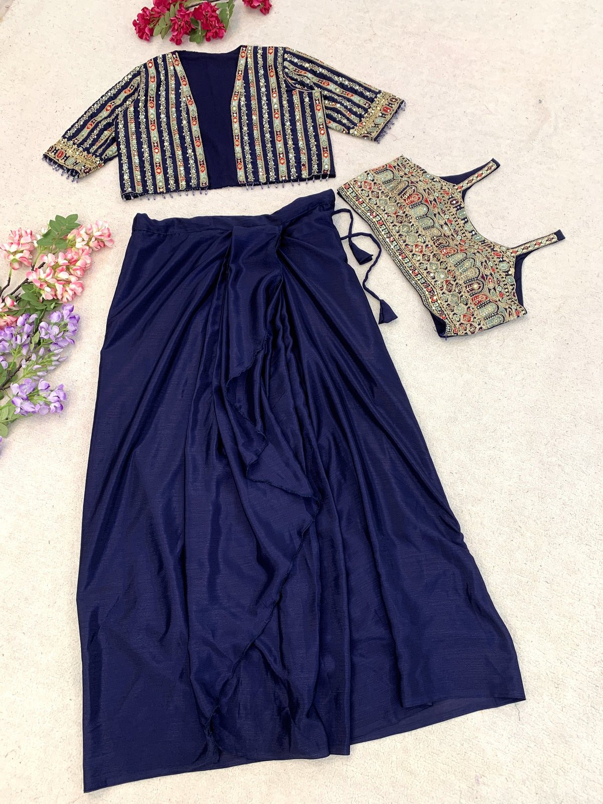 Navy Blue Chinon Dhoti Lehenga with Koti, view 7