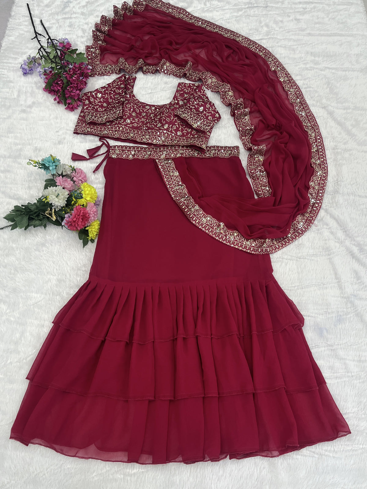 Magenta Georgette Ruffle Lehenga Saree, view 6
