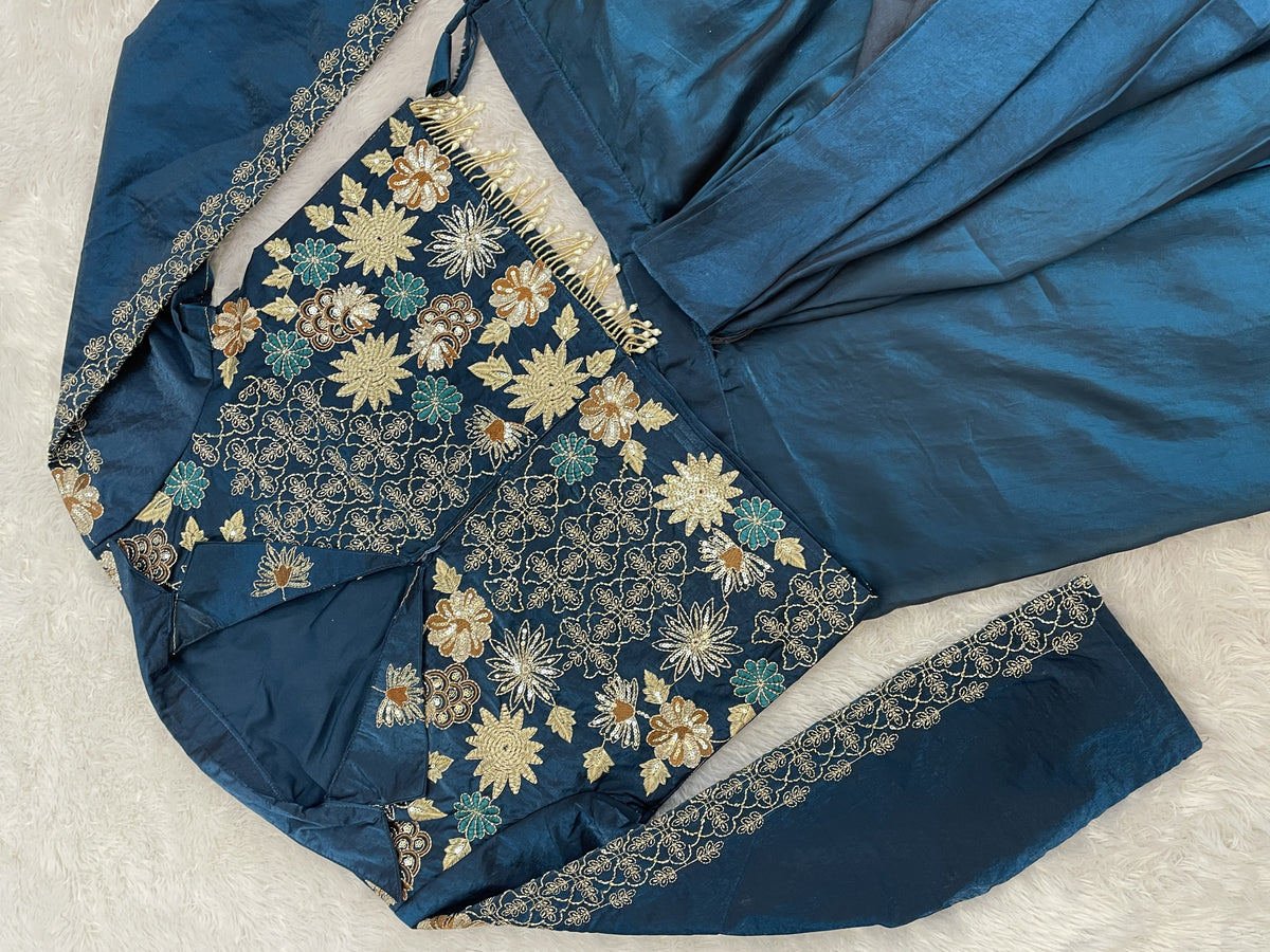Teal Blue Satin Dhoti Set with Jacket Blouse, view 7