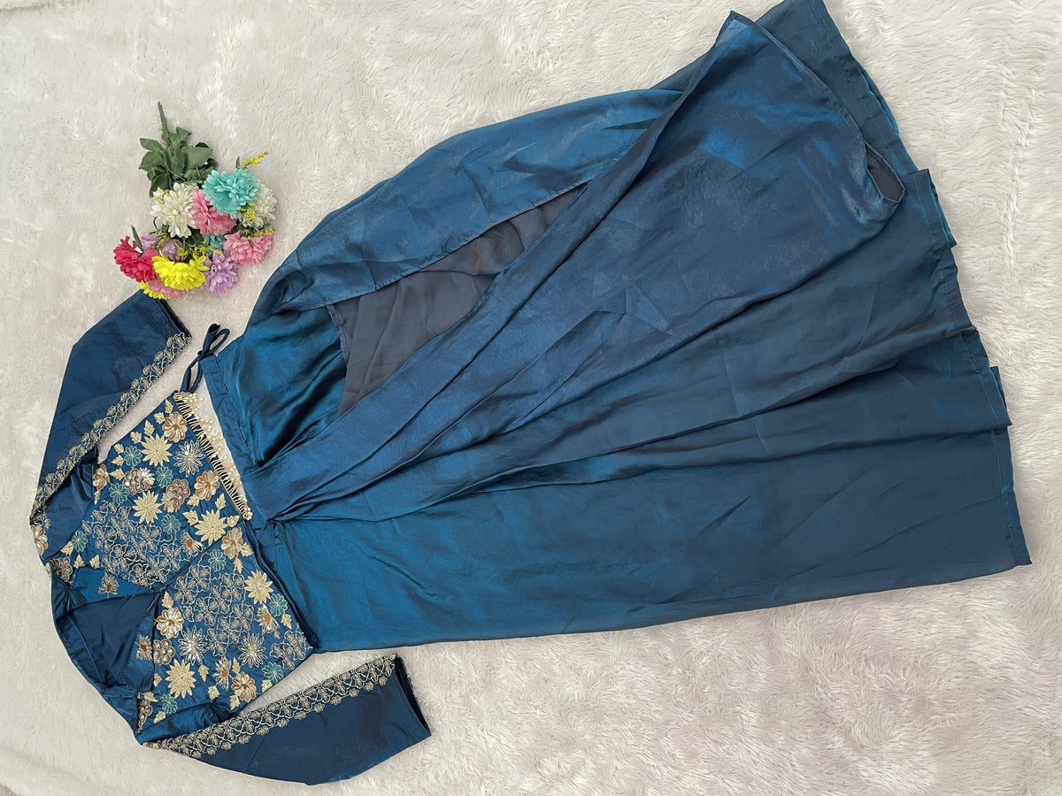 Teal Blue Satin Dhoti Set with Jacket Blouse, view 8