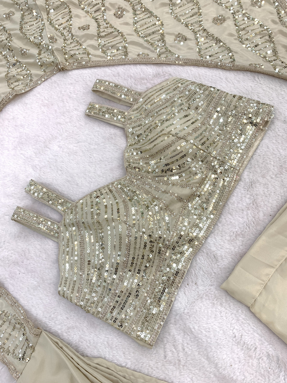 Pearl Cream Crepe Saree with Sequin Blouse, view 2