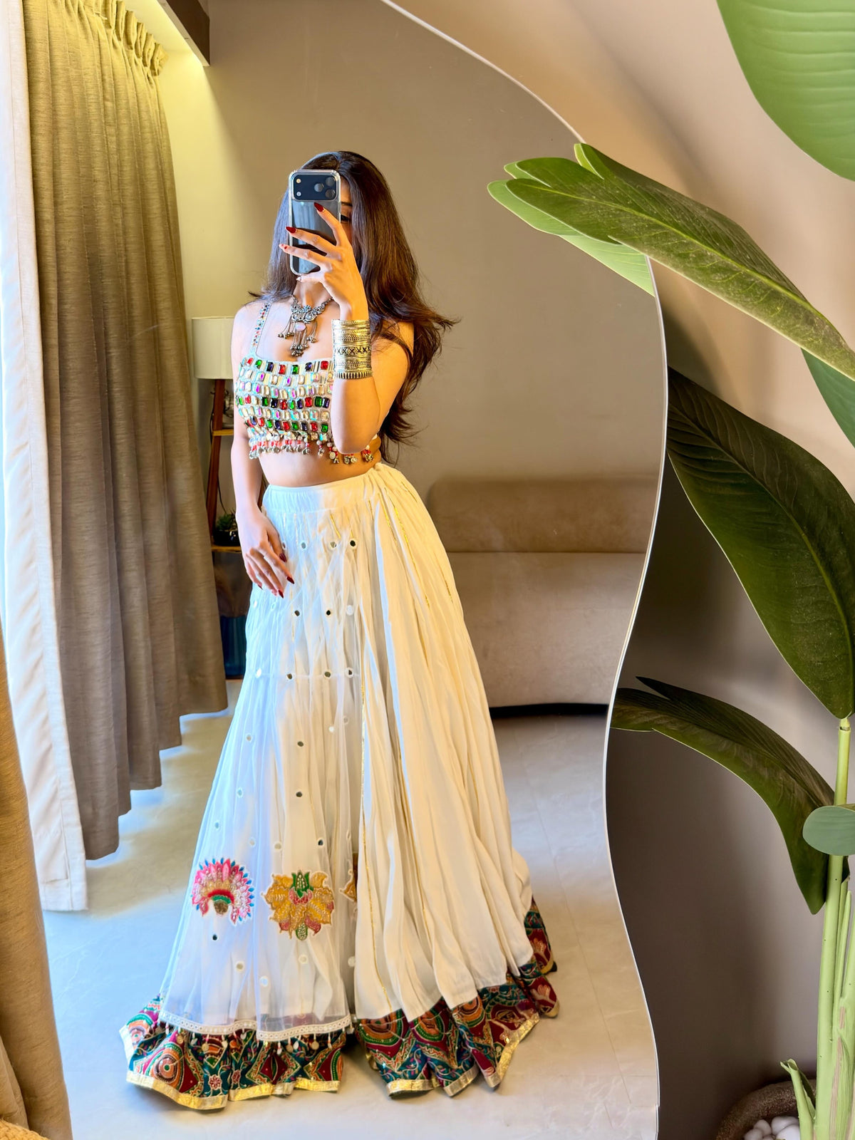 Off-White Rayon Navratri Lehenga Choli, view 3