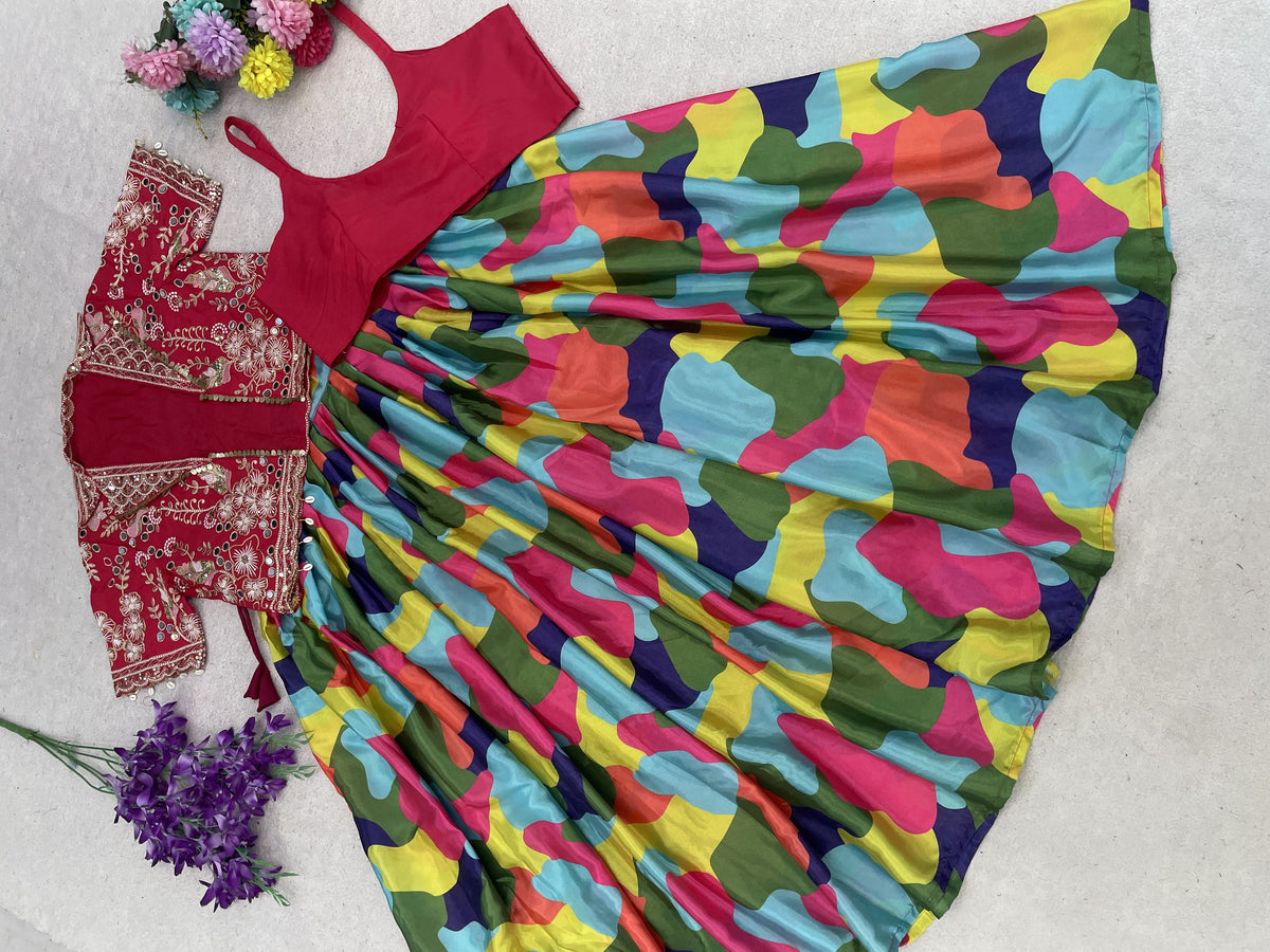 Multicolour Printed Lehenga with Mirror Koti, view 8