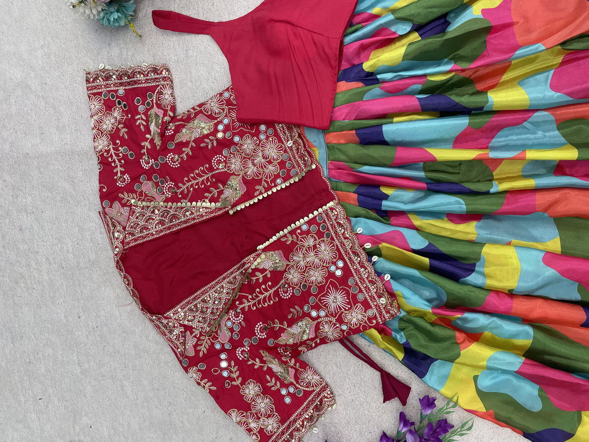 Multicolour Printed Lehenga with Mirror Koti, view 9