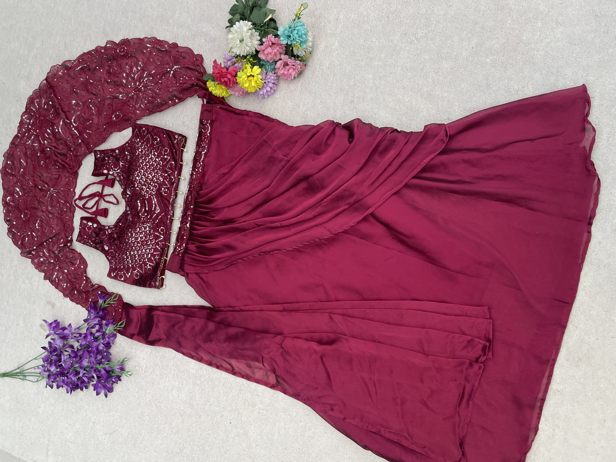 Wine Rangoli Silk Lehenga with Attached Pallu, view 5