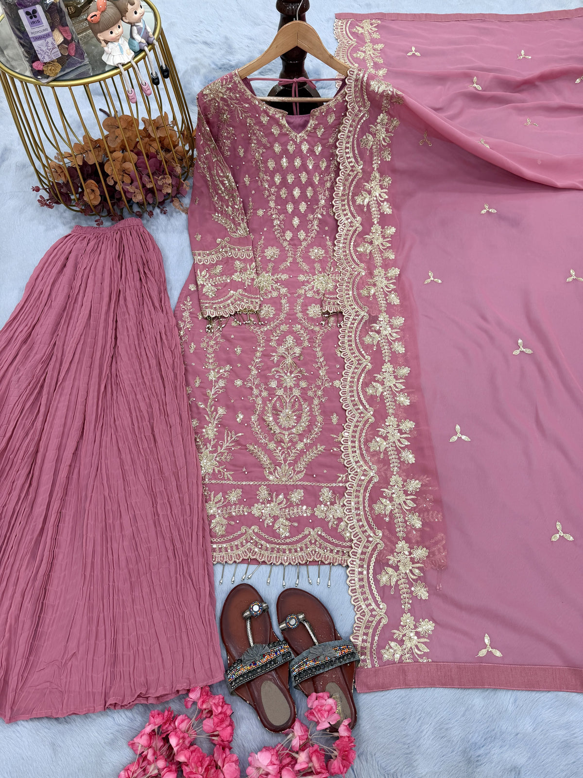 Onion Pink Georgette Kurta Palazzo Set, view 4