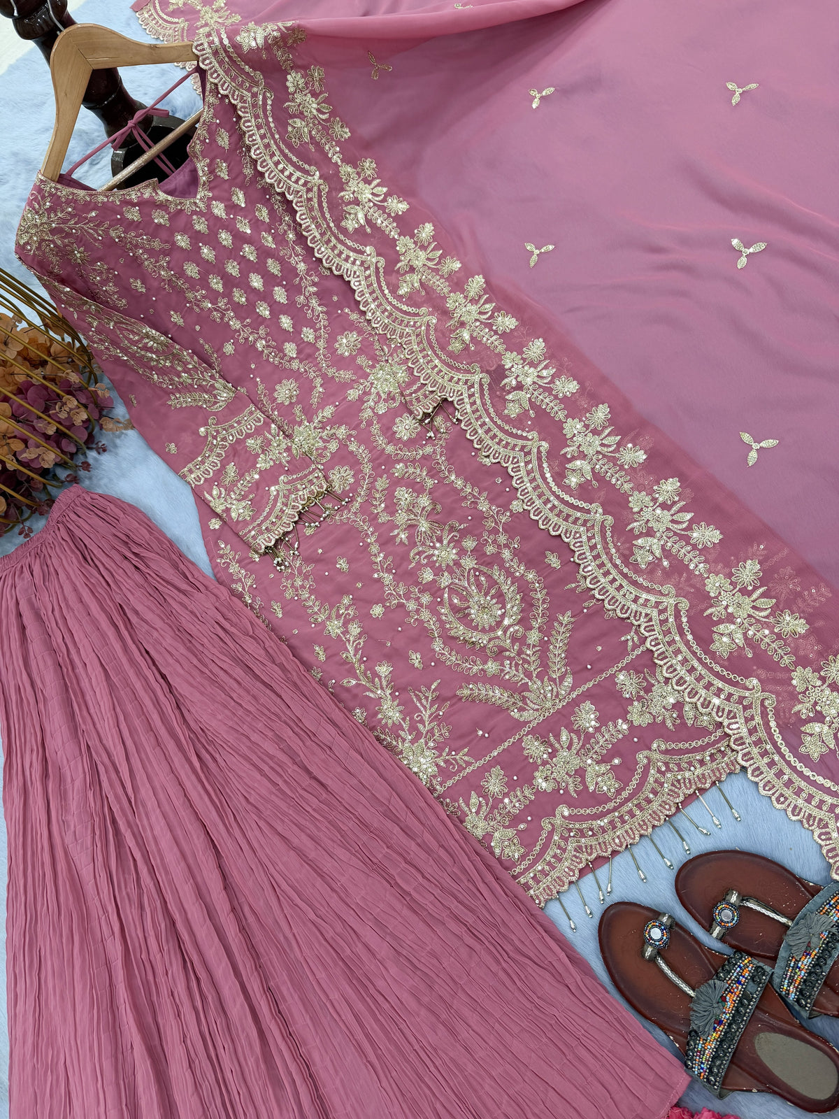 Onion Pink Georgette Kurta Palazzo Set, view 5