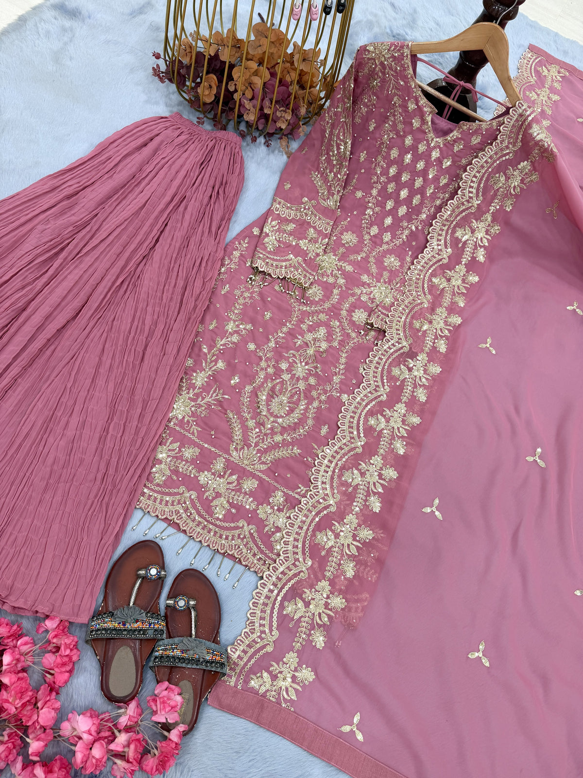 Onion Pink Georgette Kurta Palazzo Set, view 6