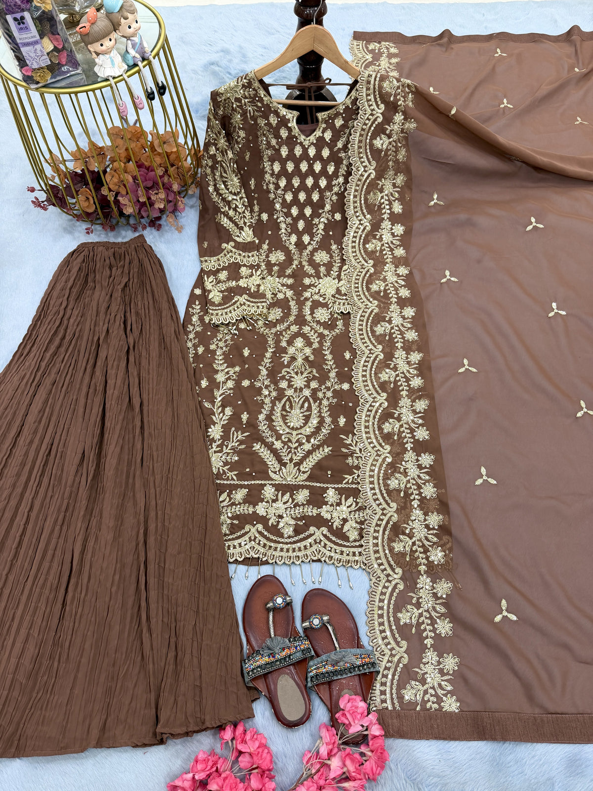 Brown Georgette Kurta Palazzo Set, view 4