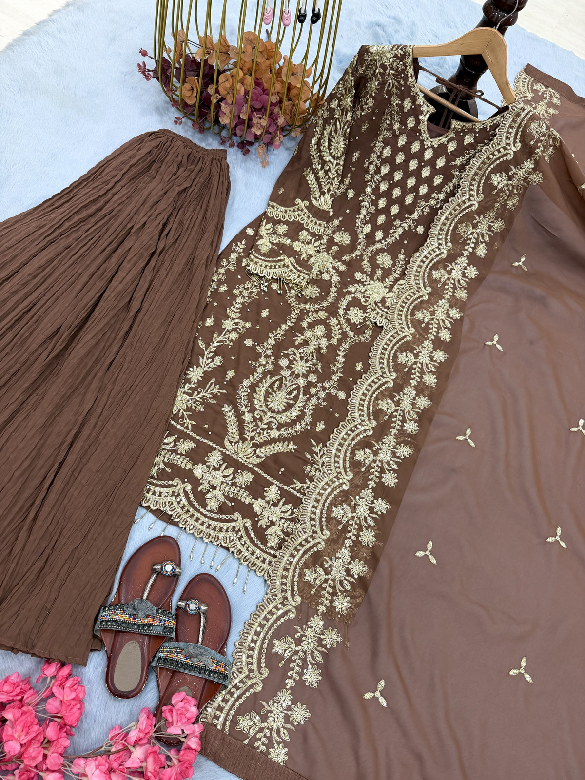 Brown Georgette Kurta Palazzo Set, view 5