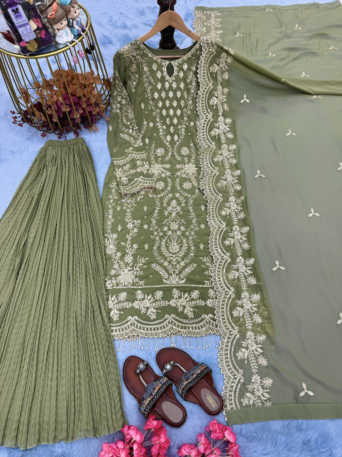 Pista Green Georgette Kurta Palazzo Set, view 4