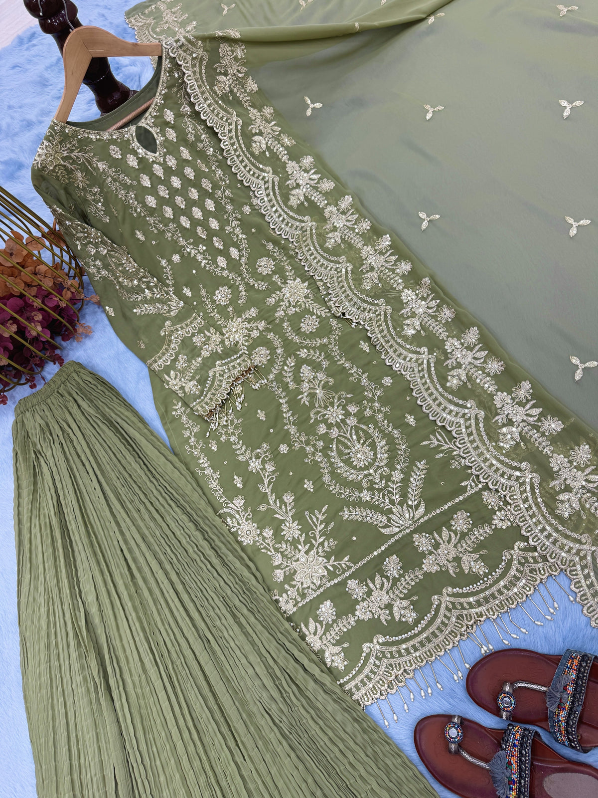 Pista Green Georgette Kurta Palazzo Set, view 5