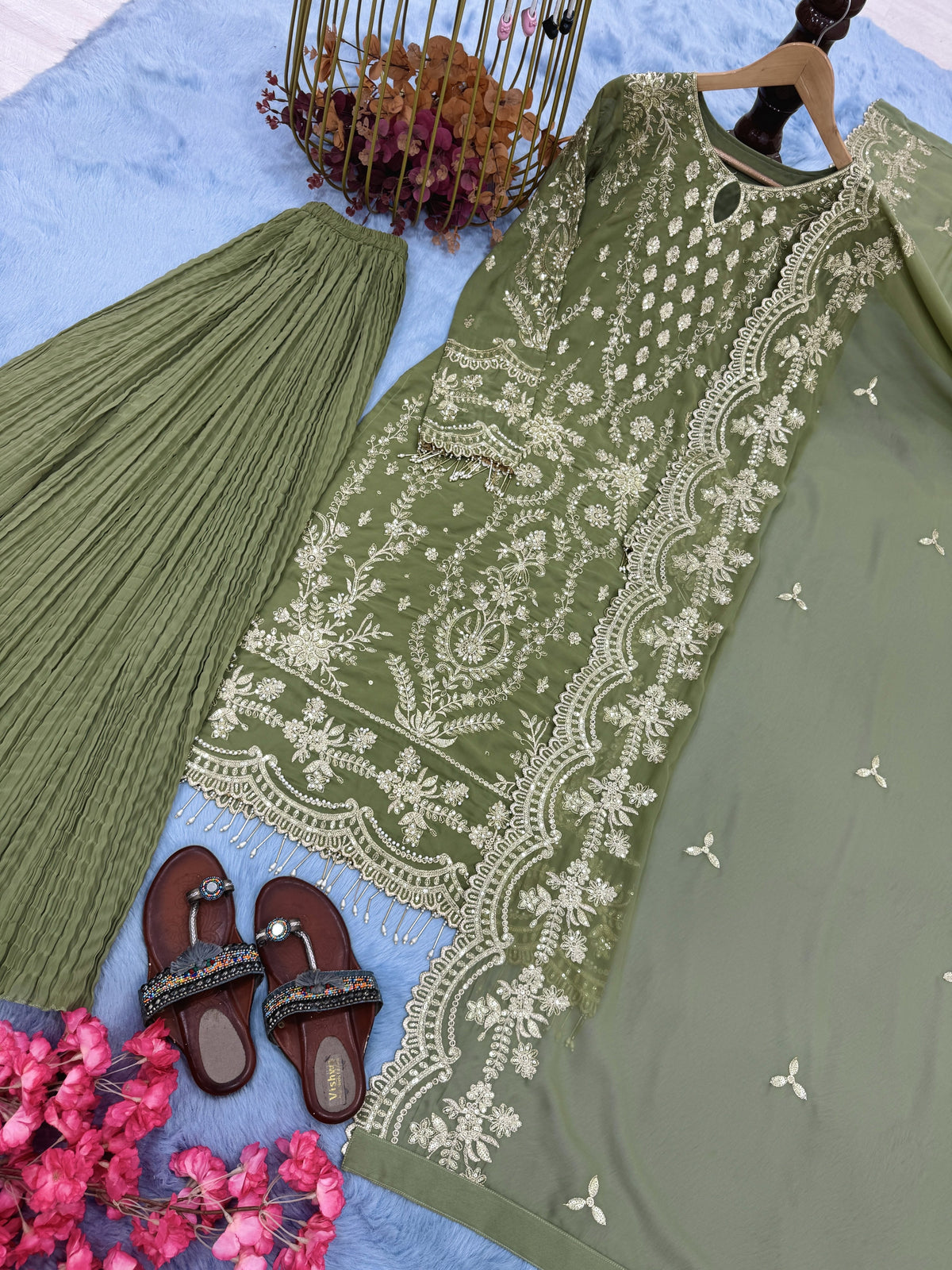 Pista Green Georgette Kurta Palazzo Set, view 6
