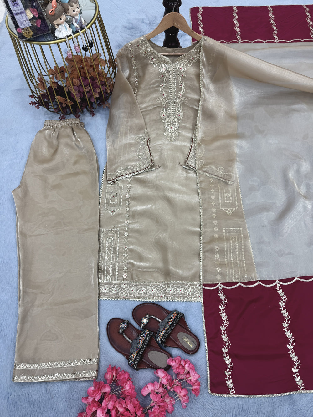 Beige Jimmy Choo Kurta Set with Contrast Dupatta, view 6