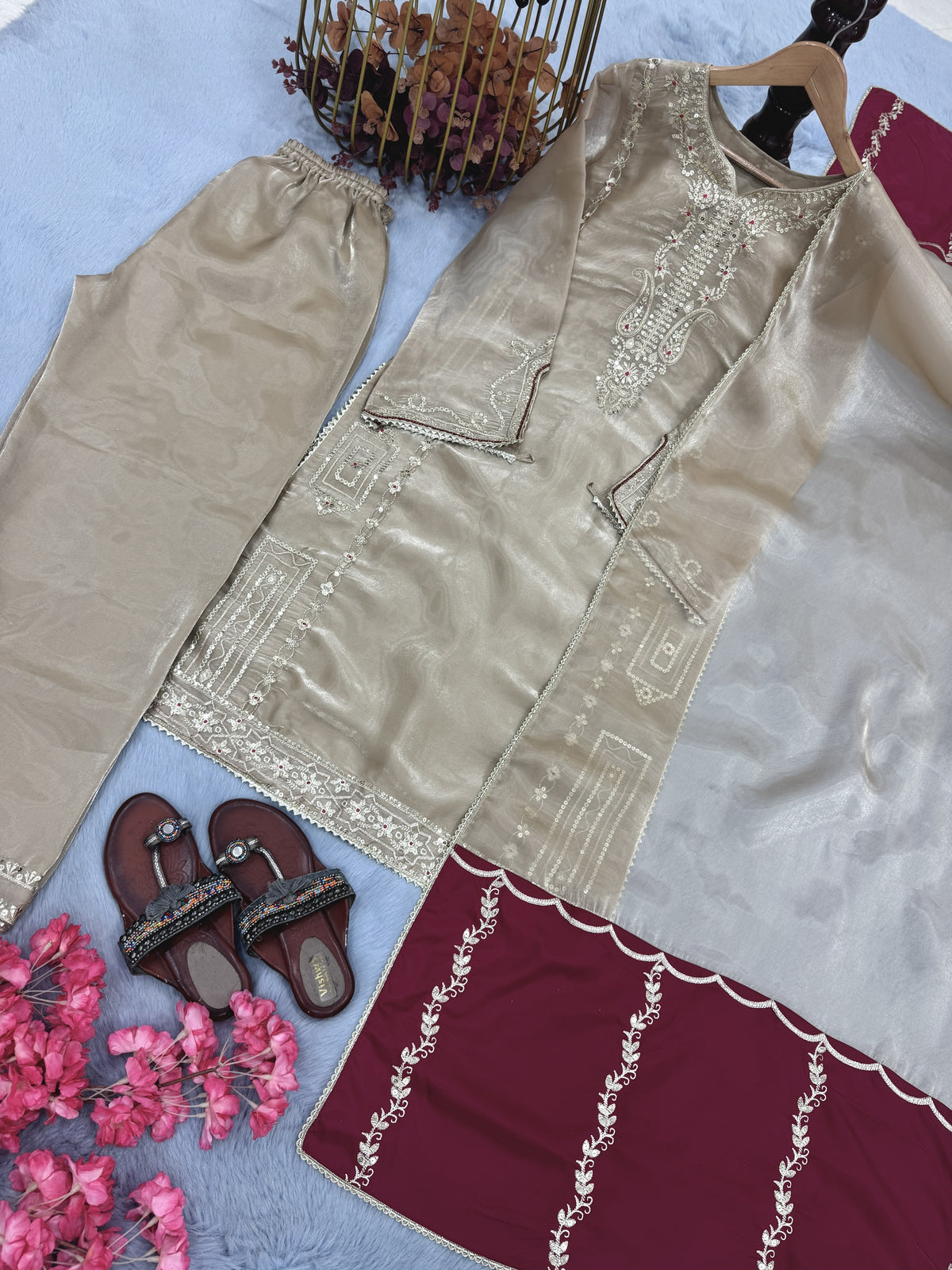 Beige Jimmy Choo Kurta Set with Contrast Dupatta, view 7