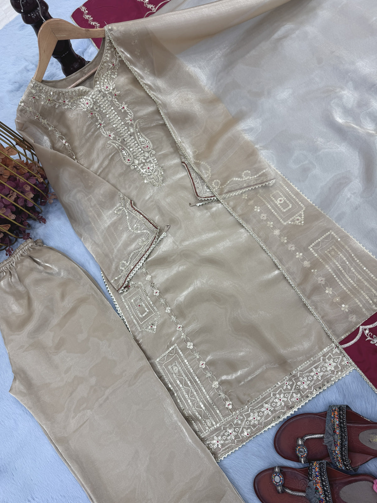 Beige Jimmy Choo Kurta Set with Contrast Dupatta, view 8