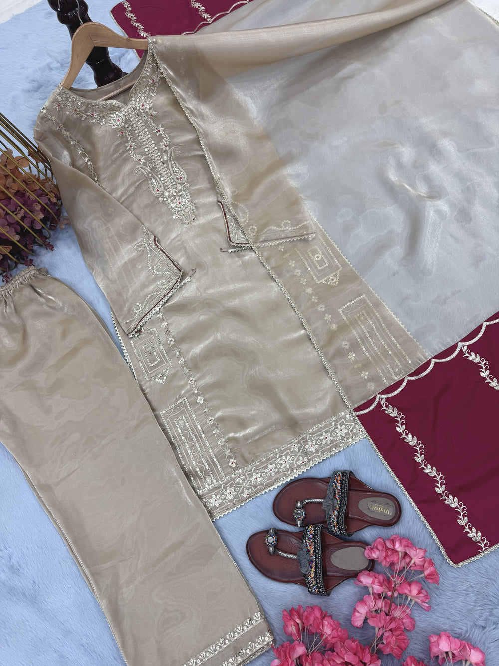 Beige Jimmy Choo Kurta Set with Contrast Dupatta, view 9