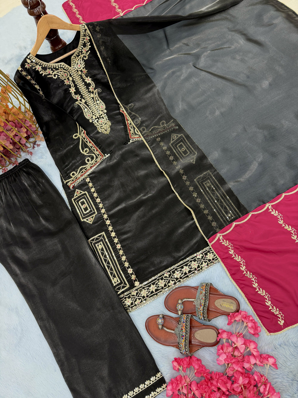 Black Jimmy Choo Kurta Set with Contrast Dupatta, view 3