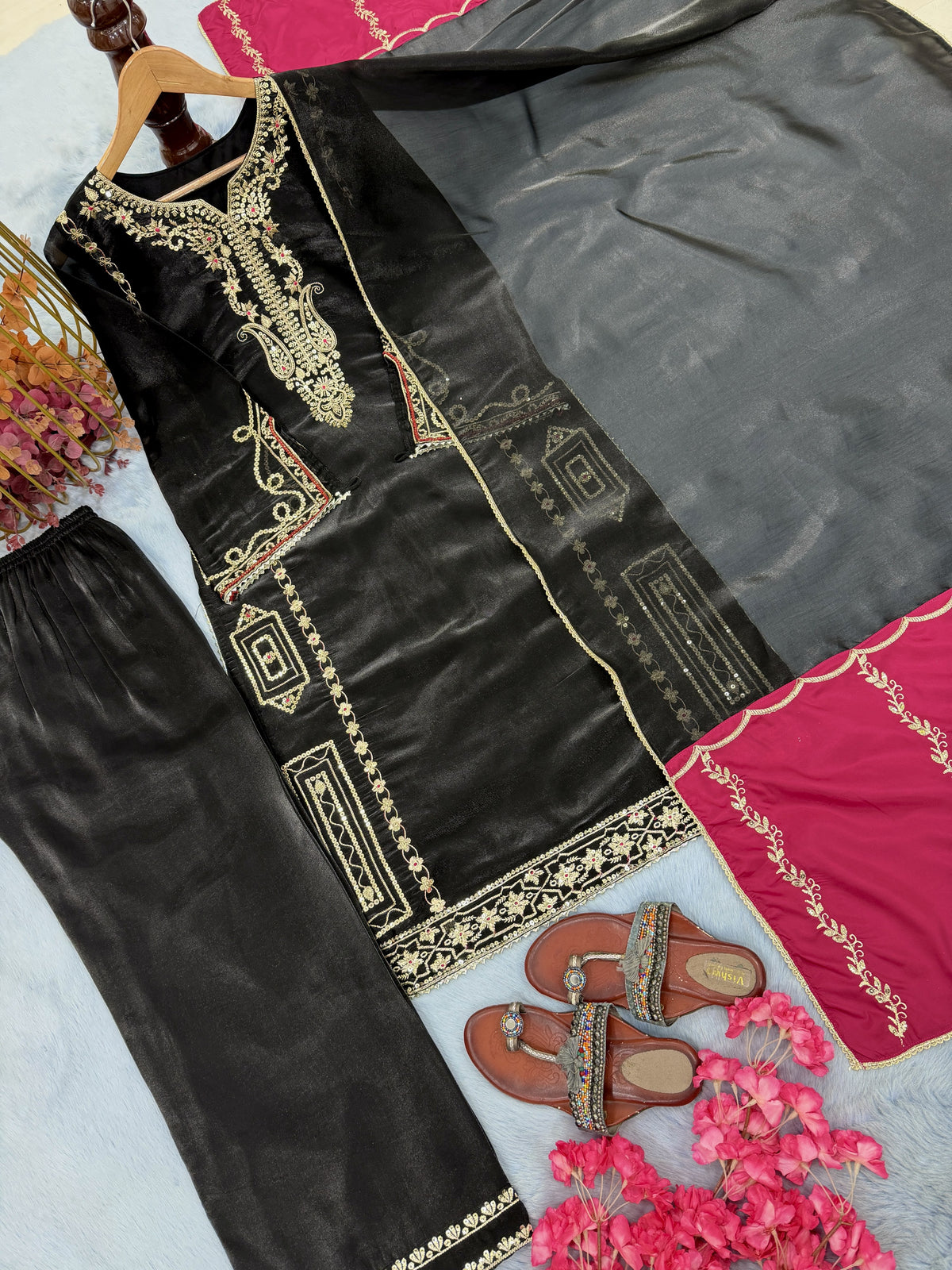 Black Jimmy Choo Kurta Set with Contrast Dupatta, view 3