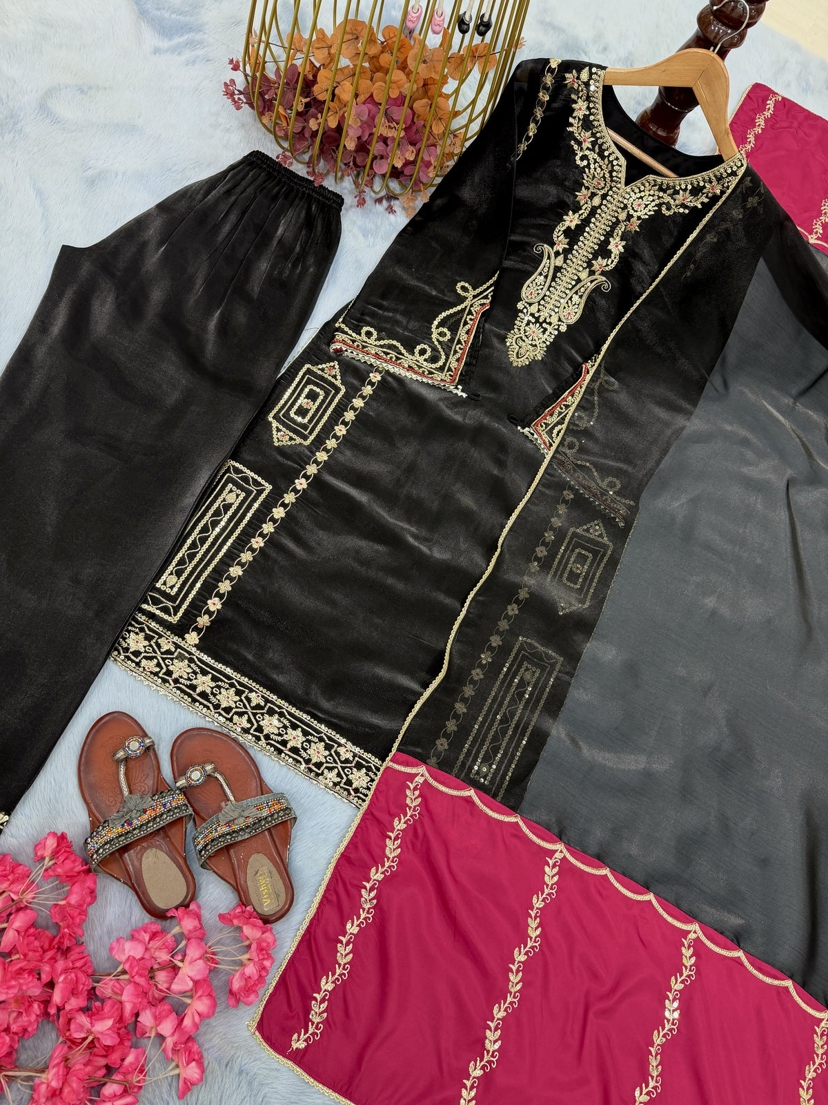 Black Jimmy Choo Kurta Set with Contrast Dupatta, view 4
